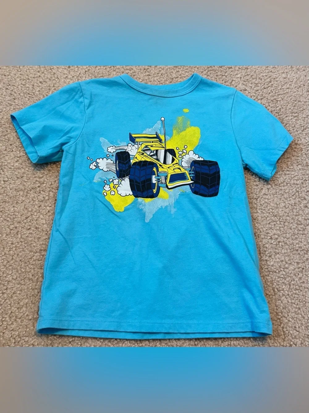 Bright Blue Tee with Yellow Race Car Size S (5/6)